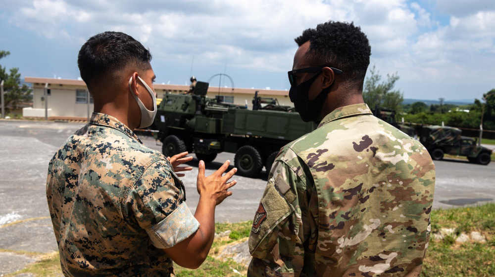 U.S. Air Force and Marine Corps servicemen conduct a digital communication exercise
